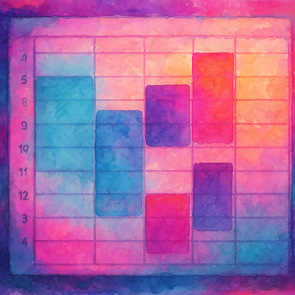 Watercolor grid of a digital calendar with blurred text, showing colorful free and busy time blocks in neon cyberpunk hues of pink, blue, and purple.