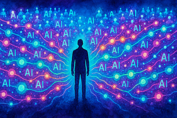 A watercolor-style digital painting shows a human silhouette standing at the center of a glowing AI network, with neon data streams and nodes radiating outward in all directions.