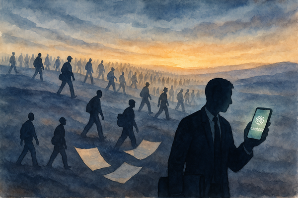 Silhouetted workers walk across misty hills at dusk, led by a businessperson holding a glowing ChatGPT phone; scattered papers trail behind in soft watercolor tones.