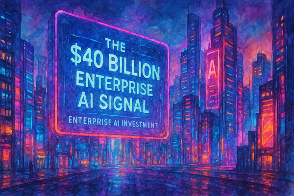 Watercolor cyberpunk city with glowing neon skyscrapers and a huge billboard reading “The $40 Billion Enterprise AI Signal.”
