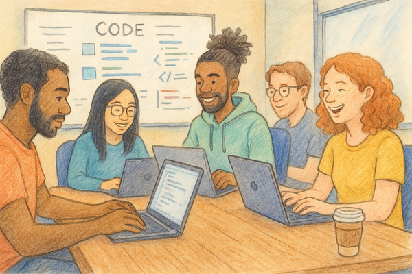 Four diverse software engineers sit around a table, coding on laptops in a bright meeting room with a whiteboard labeled “CODE” behind them.