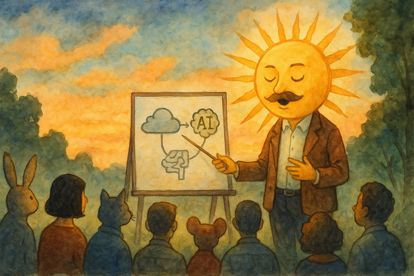 A watercolor painting shows a humanoid Sun with a mustache and blazer giving a presentation to an audience of humans and animals at sunset, with an AI diagram on a flipchart.