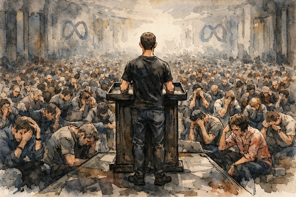 Watercolor and ink illustration of Mark Zuckerberg standing at a lectern on a raised stage, facing a vast hall filled with distressed employees.